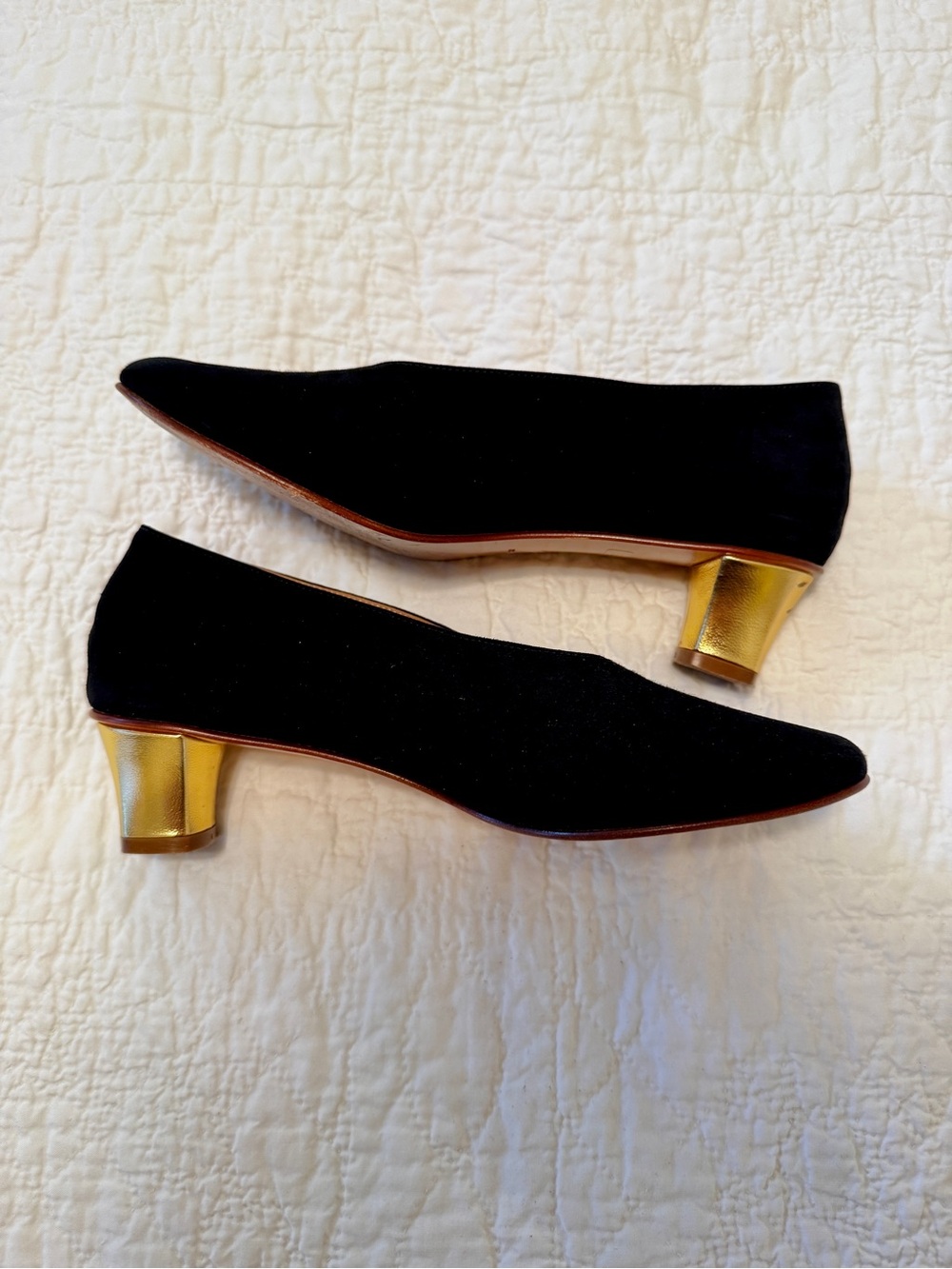 Martiniano Black Suede Low Block Heel Pumps with Gold Accent